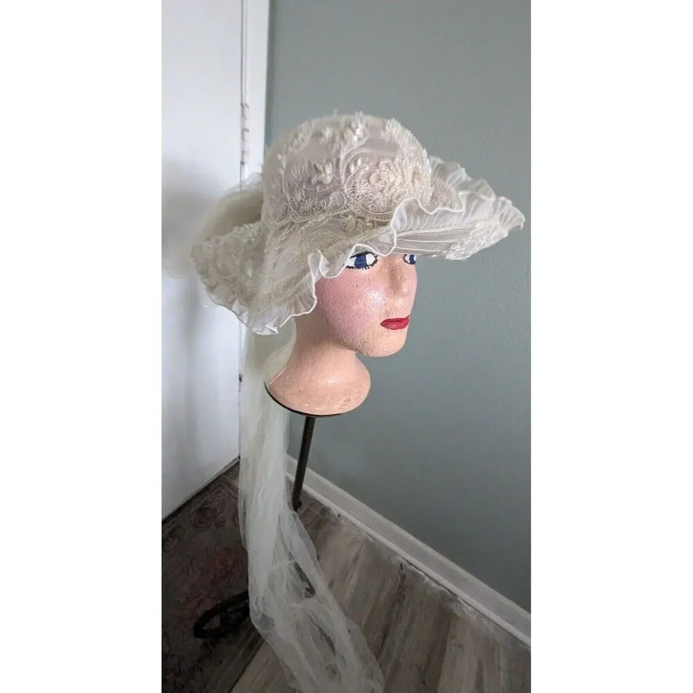 Vtg White Wedding Derby Hat Lace Beaded Veil Flower Applique Coquette Royalcore